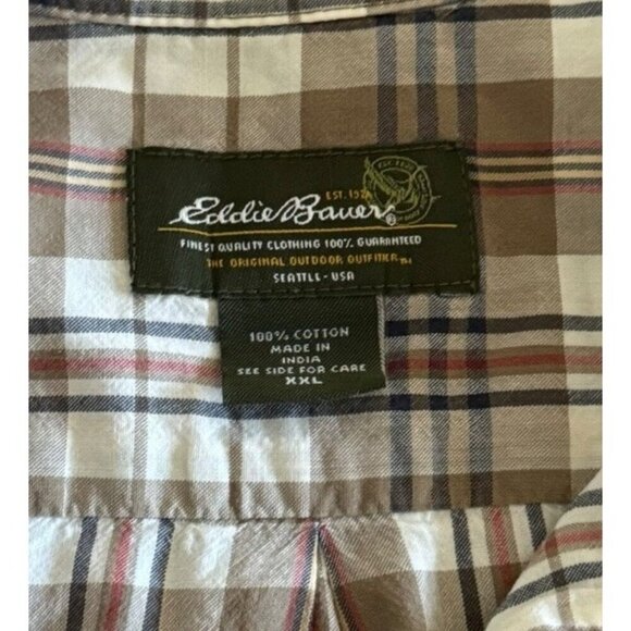 Eddie Bauer Men's Sz XXL Tan Brown Blue Plaid Short Sleeve Button Up Shirt - Picture 4 of 7